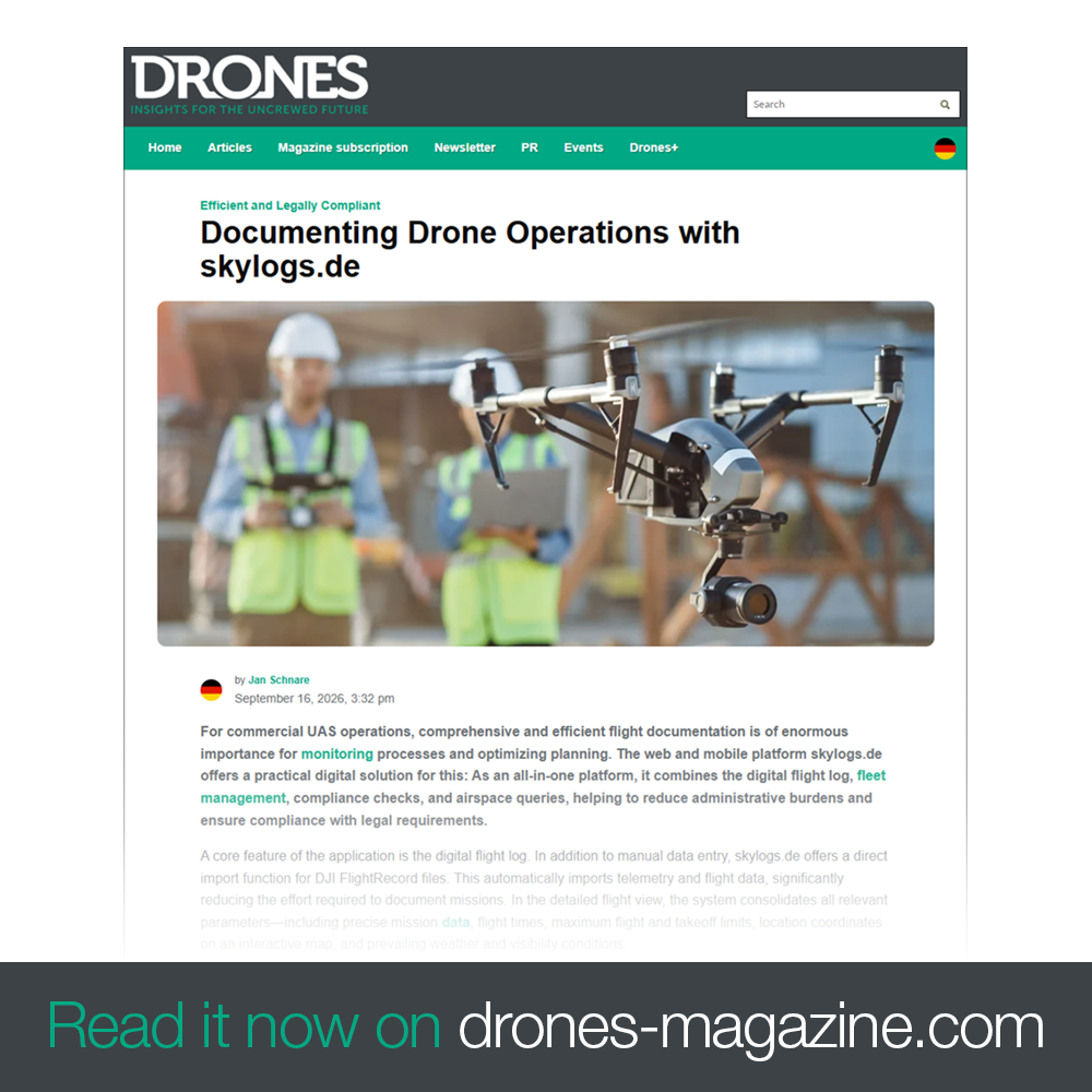 Vom DRONES Magazin bereitgestellte Artikelvorschau: Documenting Drone Operations with skylogs.de